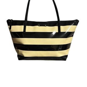 Kate Spade Lola Avenue Stripe Tote Bag Black Cream Patent Large Handbag Purse